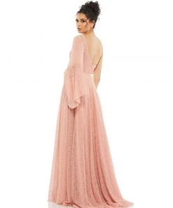 Mac Duggal Shop For One-Shoulder Bell Sleeve Lace Gown