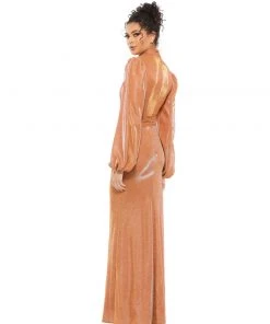 Mac Duggal Shimmering High Neck Bishop Sleeve Gown