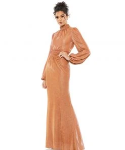 Mac Duggal Shimmering High Neck Bishop Sleeve Gown