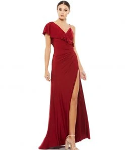 Ieena For Mac Duggal Asymmetric Jersey Ruffled Cap Sleeve Gown