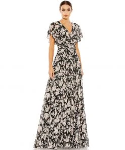 Mac Duggal Floral Print Flutter Sleeve A Line Gown Wedding Guest