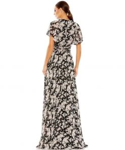 Mac Duggal Floral Print Flutter Sleeve A Line Gown Wedding Guest