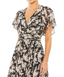 Mac Duggal Floral Print Flutter Sleeve A Line Gown Wedding Guest