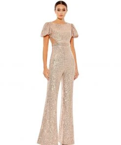Ieena For Mac Duggal Shop For Sequined Puff Shoulder Illusion Cut Out Jumpsuit