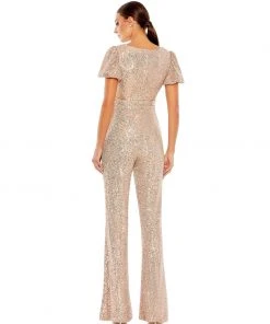 Ieena For Mac Duggal Shop For Sequined Puff Shoulder Illusion Cut Out Jumpsuit