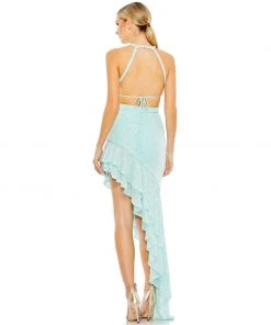 Ieena For Mac Duggal Sequined Halter Cut Out Ruffle Asymmetrical Dress Shop For