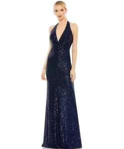 Ieena For Mac Duggal Sequined Halter Plunge Neck Gown