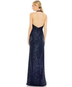 Ieena For Mac Duggal Sequined Halter Plunge Neck Gown