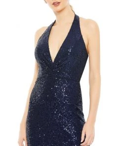 Ieena For Mac Duggal Sequined Halter Plunge Neck Gown