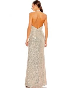 Ieena For Mac Duggal Sequined Halter Plunge Neck Gown