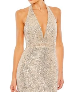 Ieena For Mac Duggal Sequined Halter Plunge Neck Gown
