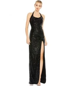 Ieena For Mac Duggal Sequined Halter Strap Low Side Knot Gown Shop For