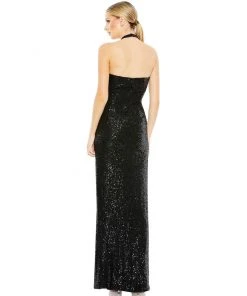 Ieena For Mac Duggal Sequined Halter Strap Low Side Knot Gown Shop For