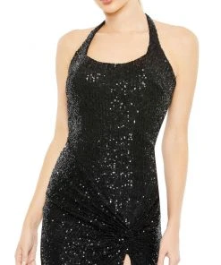 Ieena For Mac Duggal Sequined Halter Strap Low Side Knot Gown Shop For