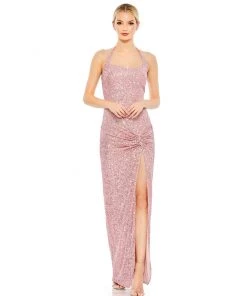 Ieena For Mac Duggal Sequined Halter Strap Low Side Knot Gown Shop For