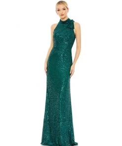 Ieena For Mac Duggal Sequined Soft Tie Halter Neck Column Gown