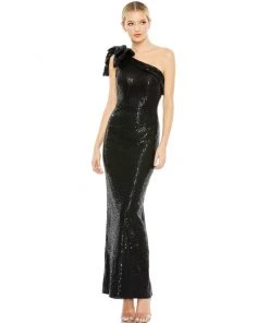 Ieena For Mac Duggal Shop For Sequined Bow One Shoulder Column Gown
