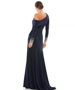 Mac Duggal Off-The-Shoulder Jersey Gown W/ Jewel-Accented Cuffs