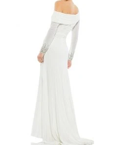 Mac Duggal Off-The-Shoulder Jersey Gown W/ Jewel-Accented Cuffs