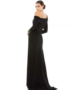 Mac Duggal Off-The-Shoulder Jersey Gown W/ Jewel-Accented Cuffs