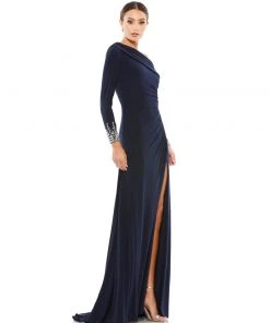 Mac Duggal Off-The-Shoulder Jersey Gown W/ Jewel-Accented Cuffs