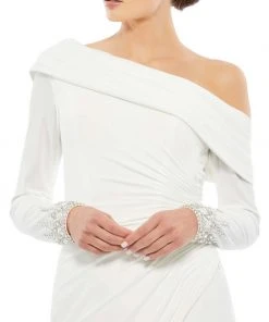 Mac Duggal Off-The-Shoulder Jersey Gown W/ Jewel-Accented Cuffs