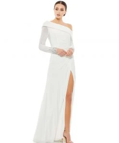 Mac Duggal Off-The-Shoulder Jersey Gown W/ Jewel-Accented Cuffs