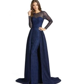 Mac Duggal Long Sleeve Lace Overskirt Gown