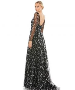 Mac Duggal Mother Of The Bride + Groom Dresses Black Long Sleeve Floral Illusion A-Line Gown