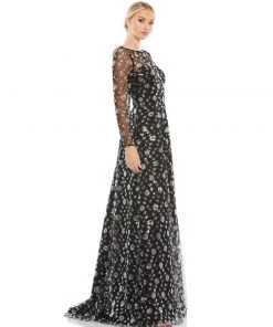 Mac Duggal Mother Of The Bride + Groom Dresses Black Long Sleeve Floral Illusion A-Line Gown