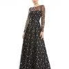 Mac Duggal Mother Of The Bride + Groom Dresses Black Long Sleeve Floral Illusion A-Line Gown