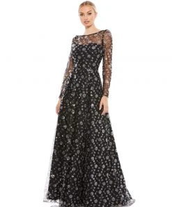 Mac Duggal Mother Of The Bride + Groom Dresses Black Long Sleeve Floral Illusion A-Line Gown