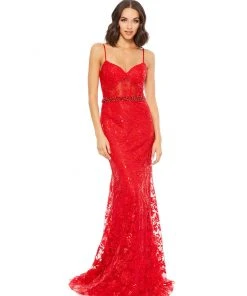 Mac Duggal Floral Lace Bustier Gown