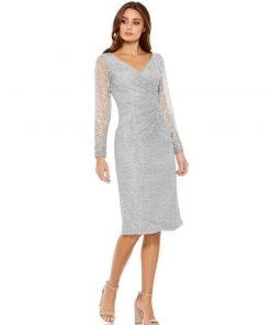 Mac Duggal Shop For V-Neck Embroidered Surplice Midi Dress