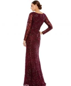 Mac Duggal Shop For Long Sleeve Ruched Sequined V-Neck Gown