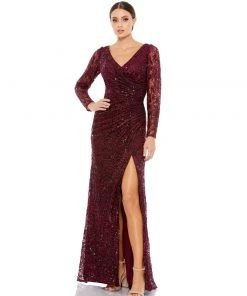 Mac Duggal Shop For Long Sleeve Ruched Sequined V-Neck Gown