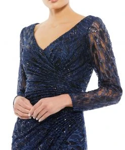 Mac Duggal Shop For Long Sleeve Ruched Sequined V-Neck Gown