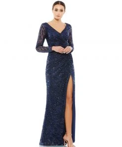Mac Duggal Shop For Long Sleeve Ruched Sequined V-Neck Gown