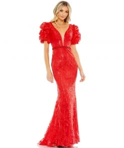 Mac Duggal Puff Sleeve Embroidered Trumpet Evening Gown Shop For