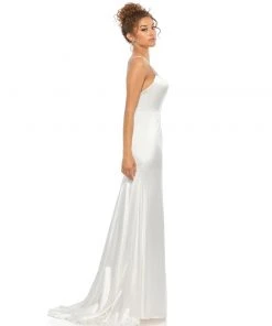 Ieena For Mac Duggal Satin Crystal-Encrusted Evening Gown