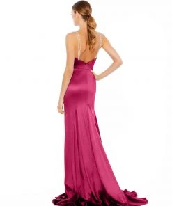 Ieena For Mac Duggal Satin Crystal-Encrusted Evening Gown