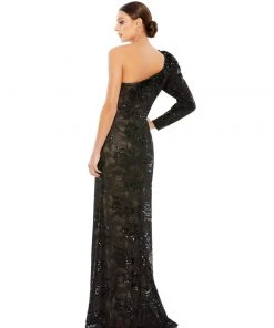 Mac Duggal Shop For One Sleeve Beaded Gown With Floral Lace Overlay