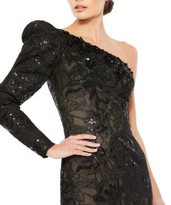 Mac Duggal Shop For One Sleeve Beaded Gown With Floral Lace Overlay
