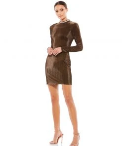 Ieena For Mac Duggal Metallic Beaded High Neck Raglan Sleeve Mini Dress
