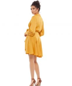 Ieena For Mac Duggal Satin Long Sleeve Wrap Dress