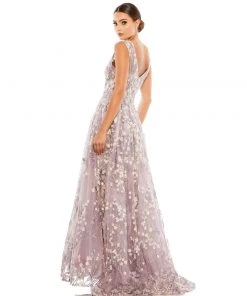 Mac Duggal Floral Embroidered Illusion V-Neck Gown