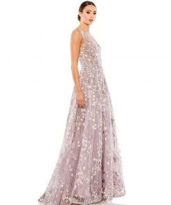 Mac Duggal Floral Embroidered Illusion V-Neck Gown