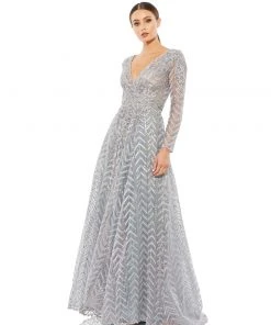Mac Duggal Long Sleeve Chevron Embroidered Gown Shop For
