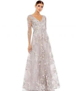 Mac Duggal Mother Of The Bride + Groom Dresses Floral Embroidered Illusion Sleeve Gown