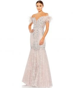 Mac Duggal Feathered Crystal Embellished Sleeveless Trumpet Gown